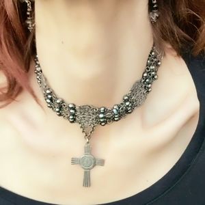 Vintage Gothic Sterling Silver Peacock Pearl Choker Necklace